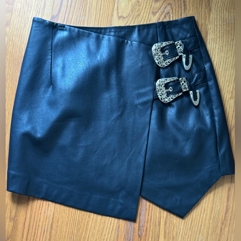 Black Leather Skirt with Silver Buckles